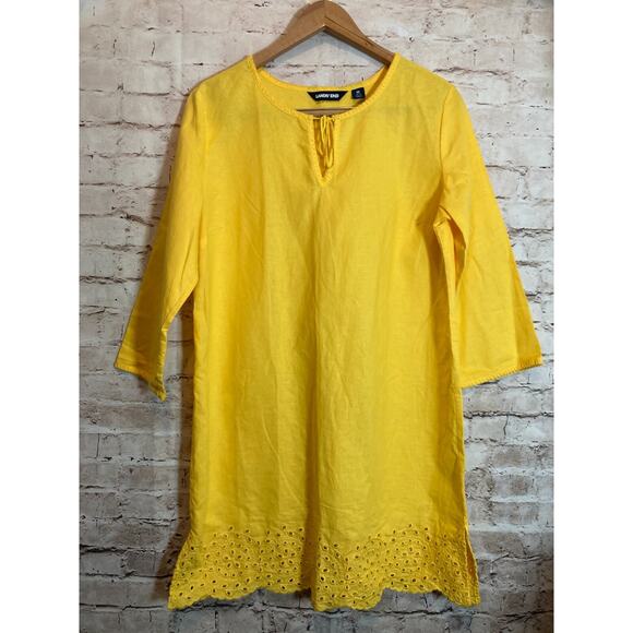 Land's End Tunic Dress Womens Medium Bright Yellow Linen Eyelet Hem Sundress - Picture 1 of 14